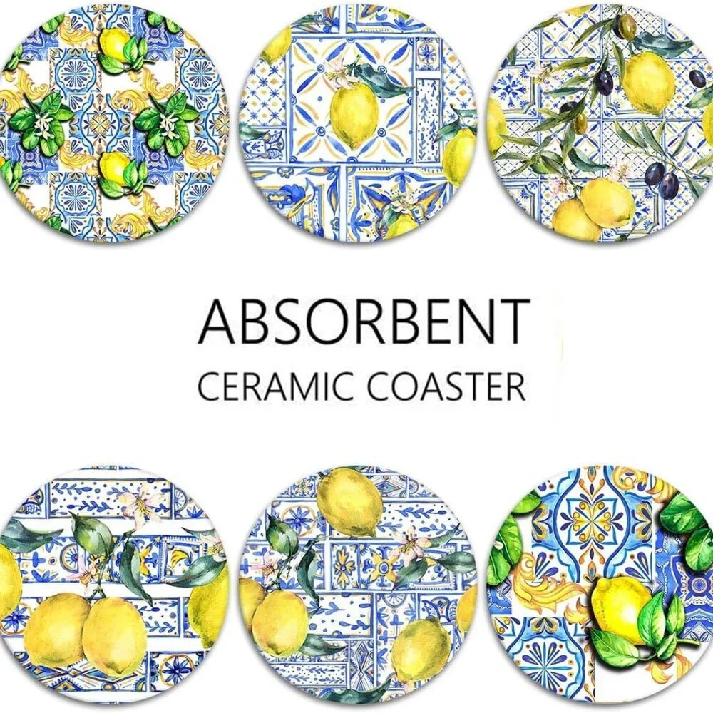 Coaster for Drinks Set of 6, Lemon Fruit Yellow Blue Vintage Absorbent Round Cer